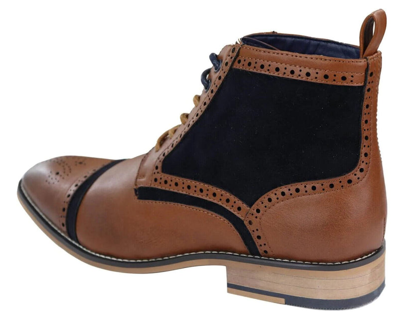 Mens Retro Oxford Brogue Ankle Boots In Tan/Navy Leather