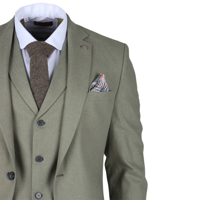 Men's Sage Green Tailor Fit 3 Piece Linen Summer Wedding Suit