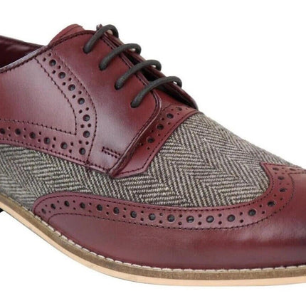 Mens Classic Oxford Tweed Brogue Derby Shoes In Burgundy Leather