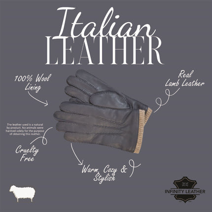 Men’s Navy Blue Italian Leather Warm Wool Lining Winter Gloves - M-LGV-405