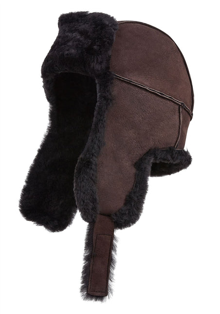 Mens Brown RAF Aviator Suede Sheepskin B-55 Trapper Hat Winter Warm Leather Navigator Hat
