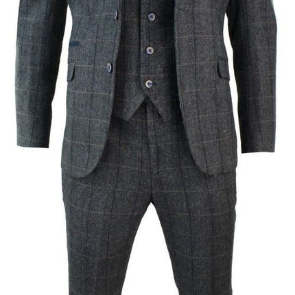 Mens 3 Piece Charcoal Grey Check Tweed Herringbone Vintage Classic Suit