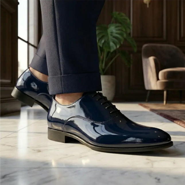 Men's Formal Navy Blue Patent PU Leather Oxford Dress Brogue Shoes