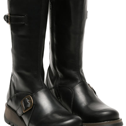 Fly London Womens Black Mes 2 Wedge Heel Buckle Mid-Calf Leather Zip Platform Boots