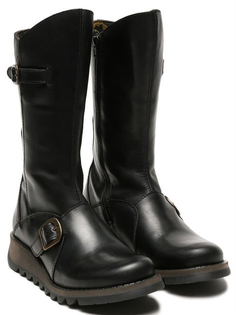 Fly London Womens Black Mes 2 Wedge Heel Buckle Mid-Calf Leather Zip Platform Boots