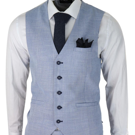Mens 3 Piece Linen Suit Light Blue Summer Tailored Fit Wedding Prom Classic Suit