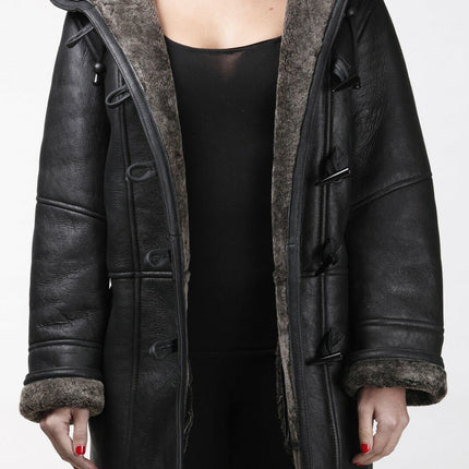 Womens Black Shearling Hooded Duffle Coat-Lille