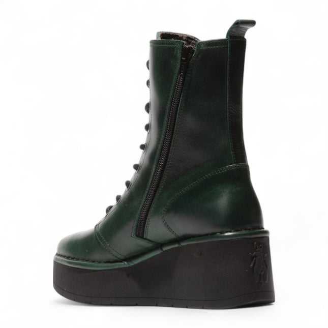 Fly London Womens Petrol Green Hait273 Leather Lace-Up Chunky Platform Ankle Boots