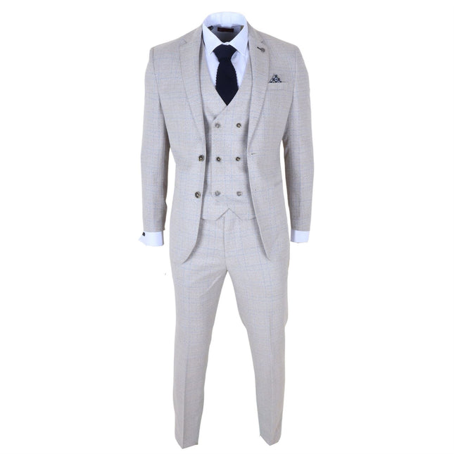Men's Cream Plain Check 3 Piece Slim Fit Formal Wedding Suit
