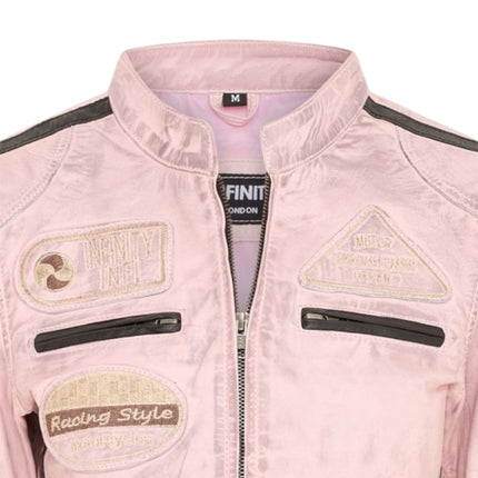 Womens Biker Racing Badges Pink Leather Jacket-Eastleigh