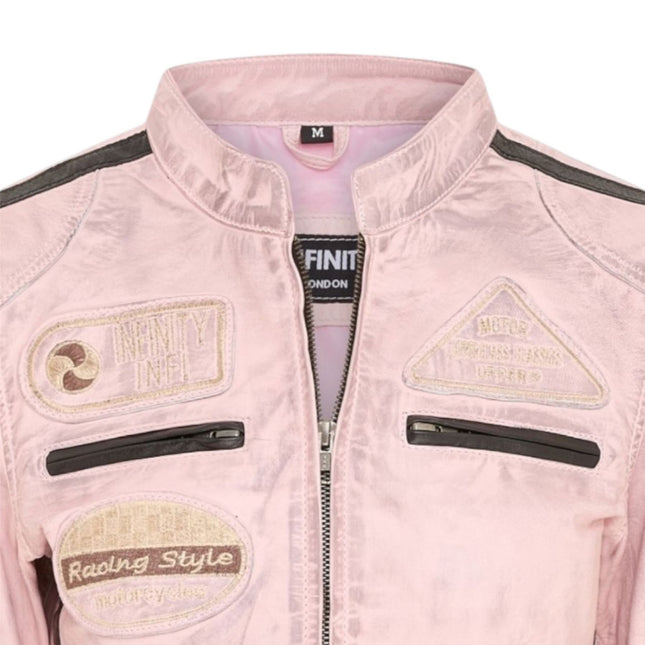 Womens Biker Racing Badges Pink Leather Jacket-Eastleigh