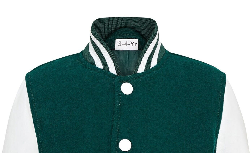 Kids Green Wool Varsity Bomber Jacket with Real Leather Sleeves