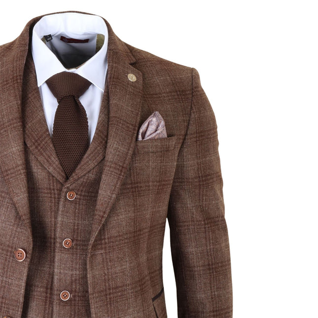 Men's Formal Brown Tweed  3 Piece Check Vintage Gatsby Style Suit