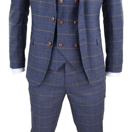 Mens 3 Piece Navy Blue Retro Check Vintage Classic Suit