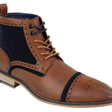 Mens Retro Oxford Brogue Ankle Boots In Tan/Navy Leather