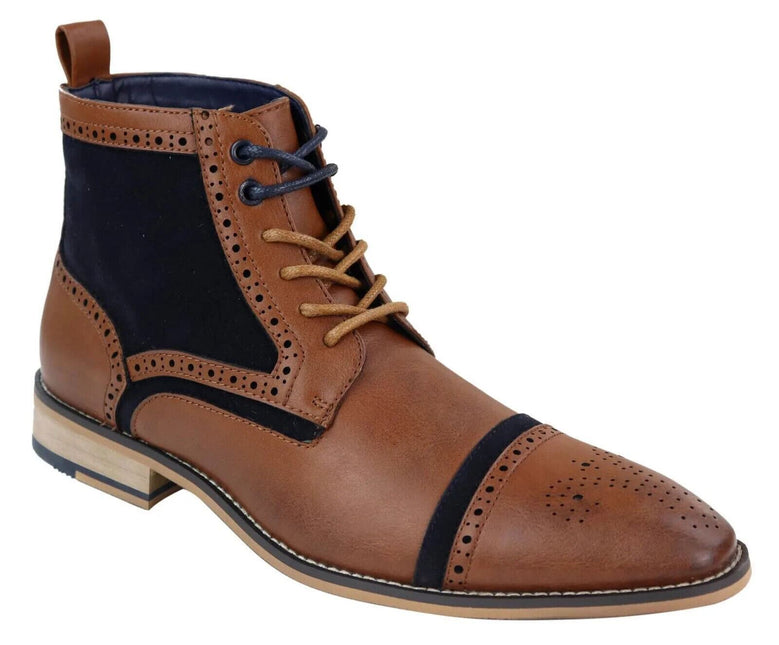 Mens Retro Oxford Brogue Ankle Boots In Tan/Navy Leather
