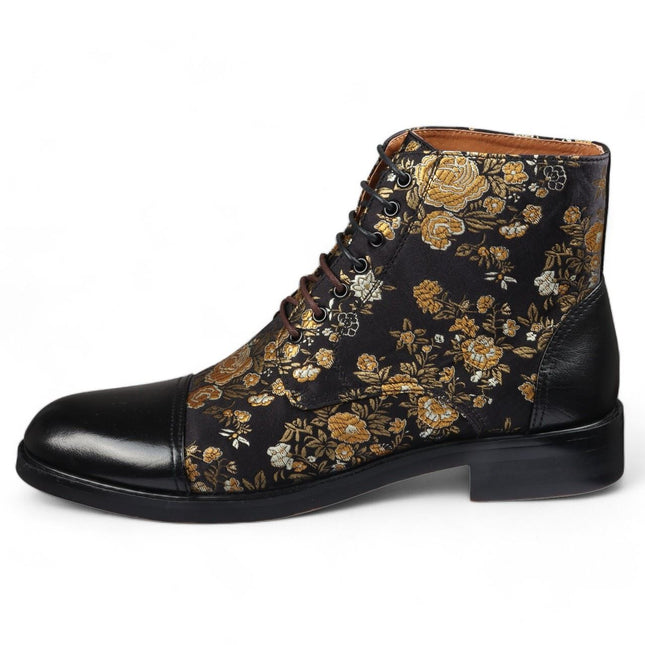 Justin Reess Men's Black Floral Print Leather Oxford Ankle Boots - Adam