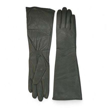 Womens Long Olive Green Italian Leather Winter Soft Wool Lining Gloves