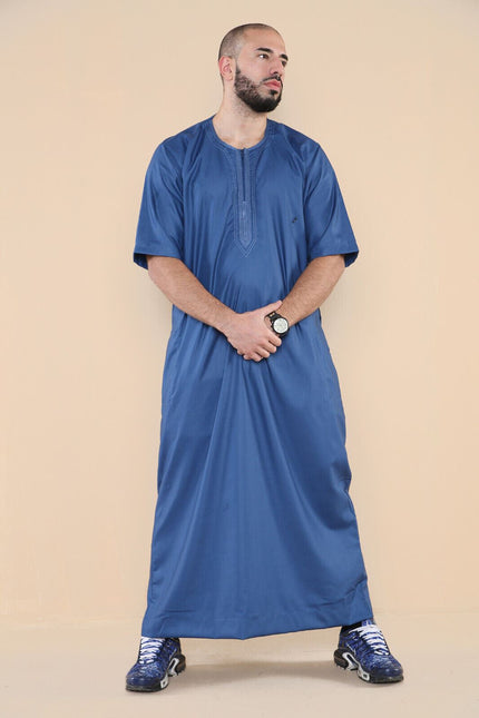 Mens Blue Thobe Jubba Islamic Arab Moroccan Saudi Zipped Kaftan Arab Robe