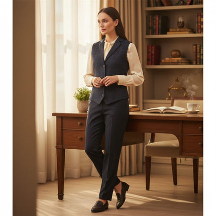 Women's Navy Tailored Fit Tweed Waistcoat Formal Vest - TPSTZ-7