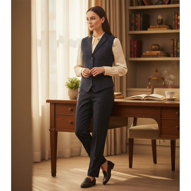 Women's Navy Tailored Fit Tweed Waistcoat Formal Vest - TPSTZ-7