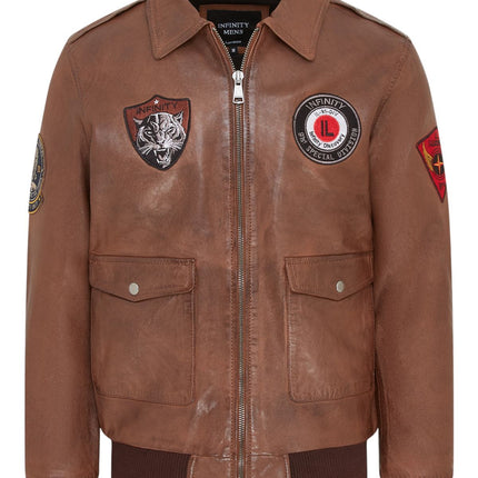 Men's Tan Brown Leather Bomber G-1 Aviator Collar Jacket  - Maverick