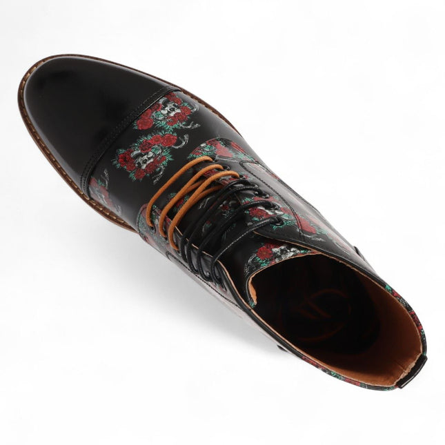 Justin Reess Men's Black Floral Skull Print Leather Oxford Ankle Boots - Adam Skull