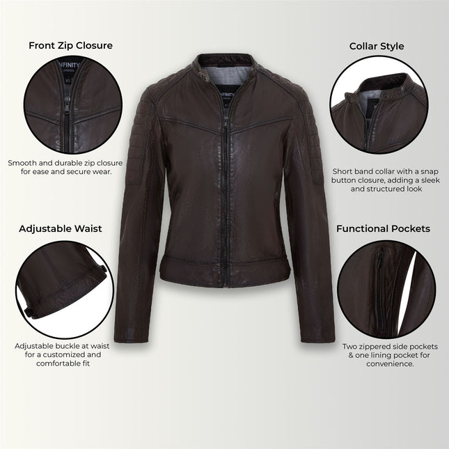 Womens Retro Biker Quilted Vintage Leather Fitted Motorcycle Jacket