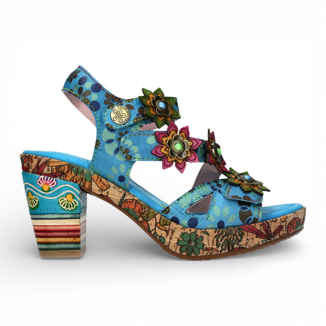 Laura Vita Women's Nellao 33 Blue Floral Leather Wedge Heel Espadrille Sandals