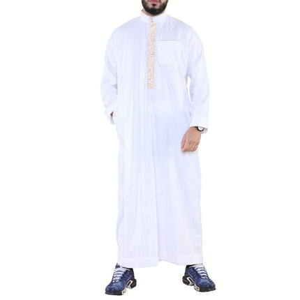 Mens White Thobe Jubba Emirati Islamic Arabic Eid Embroidery Kaftan Jubbah Robe