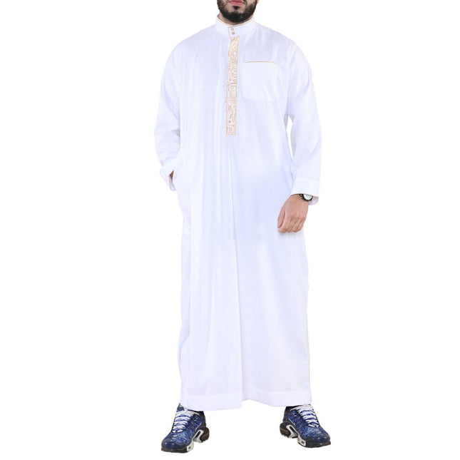 Mens White Thobe Jubba Emirati Islamic Arabic Eid Embroidery Kaftan Jubbah Robe