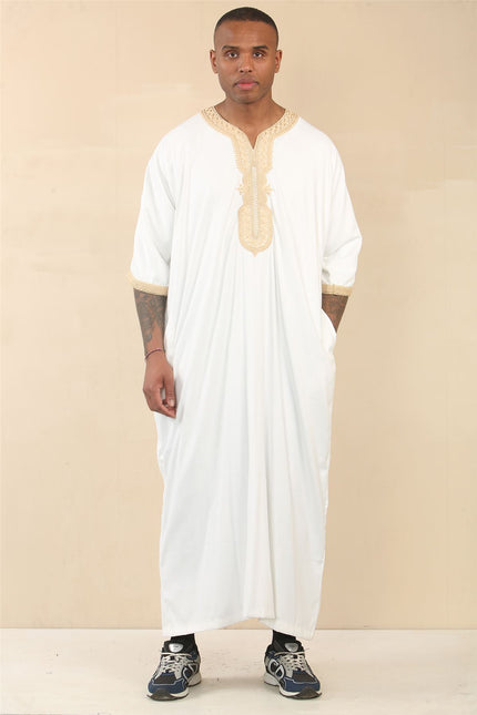 Men's White Moroccan Thobe Jubba Robe Eid Djellaba Gandoura
