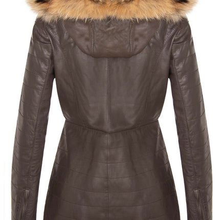 Womens Slim Fit Leather Hooded Parka Jacket-Northam