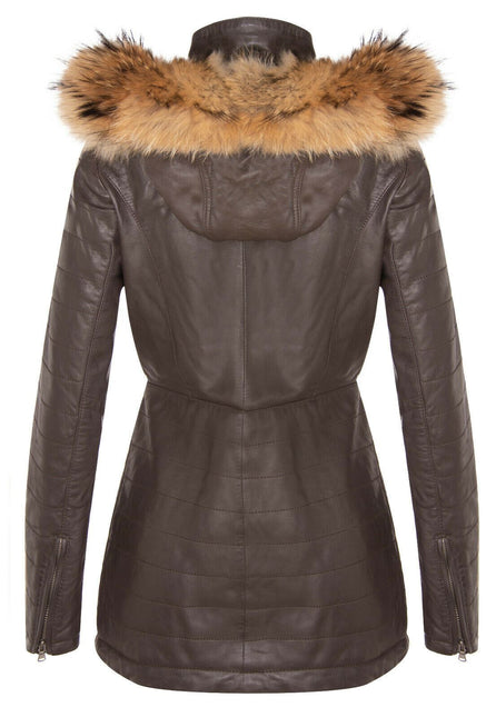 Womens Slim Fit Leather Hooded Parka Jacket-Northam