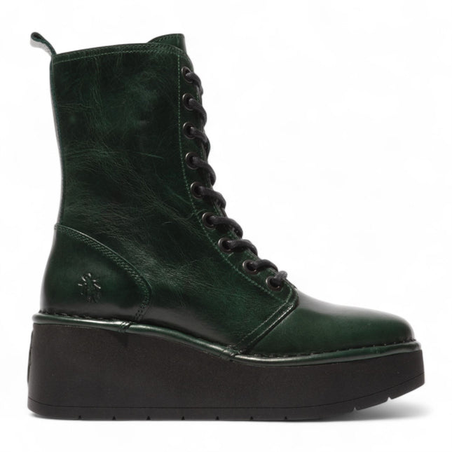 Fly London Womens Petrol Green Hait273 Leather Lace-Up Chunky Platform Ankle Boots