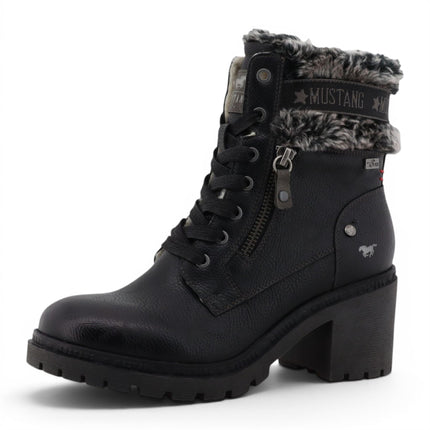 Mustang Women's Black Winter Warm Heeled Lace-Up Boots - M0122001