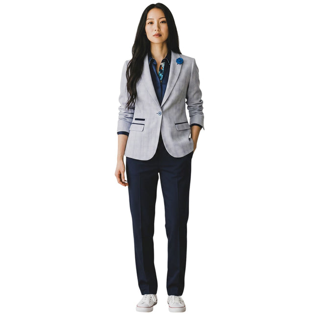 Women's Blue Check Wool Blend Herringbone Tweed Tailored Blazer - Caridi