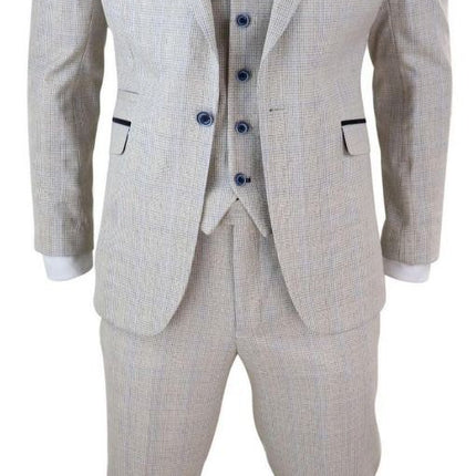 Mens 3 Piece Cream Check Tweed Herringbone Vintage Classic Suit