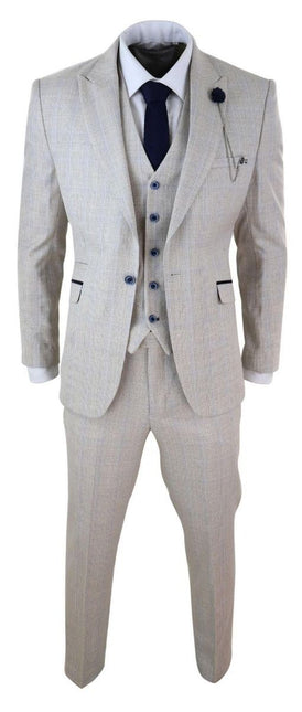 Mens 3 Piece Cream Check Tweed Herringbone Vintage Classic Suit