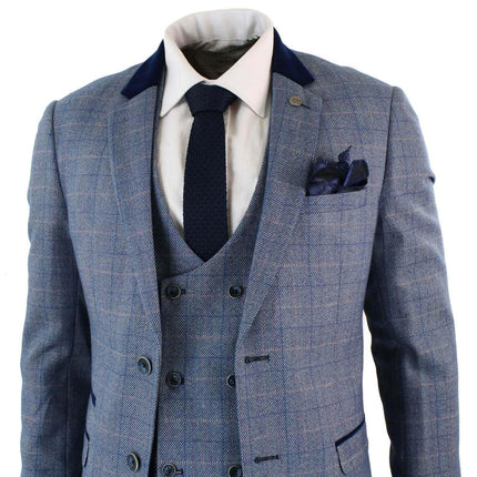 Mens 3 Piece Blue Grey Herringbone Check Suit