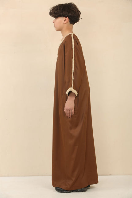 Kid's Boys Brown Moroccan Thobe Jubba Robe Eid Djellaba Gandoura