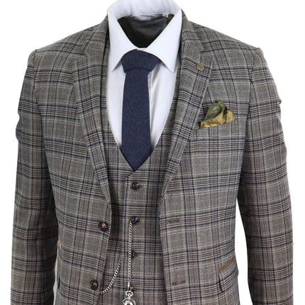 Mens 3 Piece Tan Brown Herringbone Check Suit