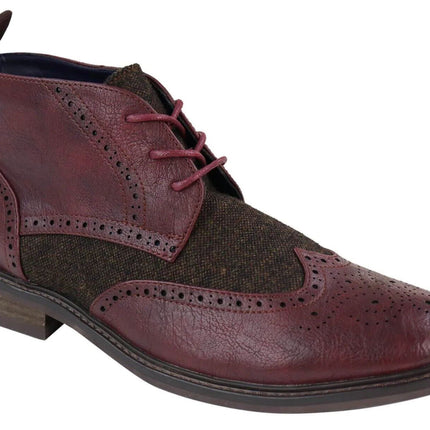Mens Classic Tweed Oxford Brogue Ankle Boots In Wine Leather