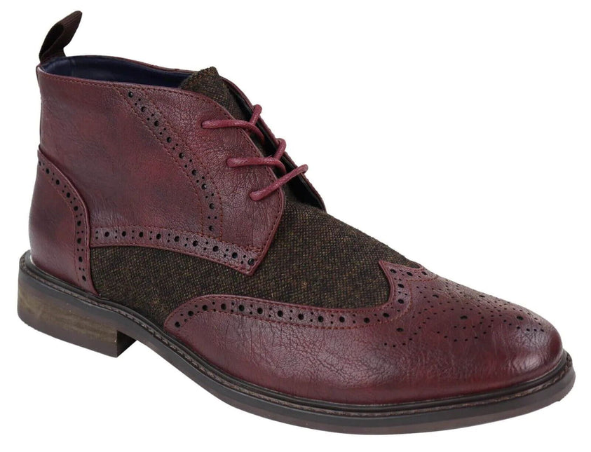 Mens Classic Tweed Oxford Brogue Ankle Boots In Wine Leather