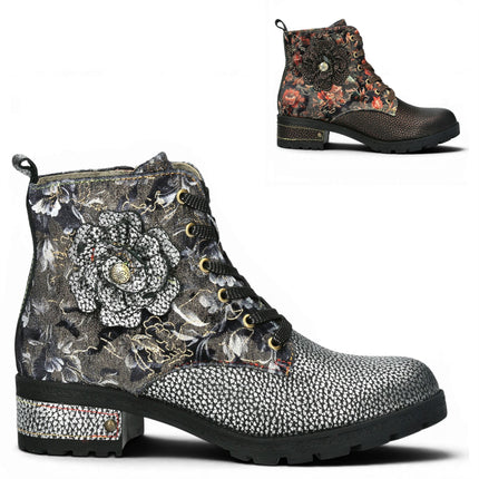 Laura Vita Women's Gothic Victorian Floral Grey Leather Lace-up Boots - Cocrailo-47