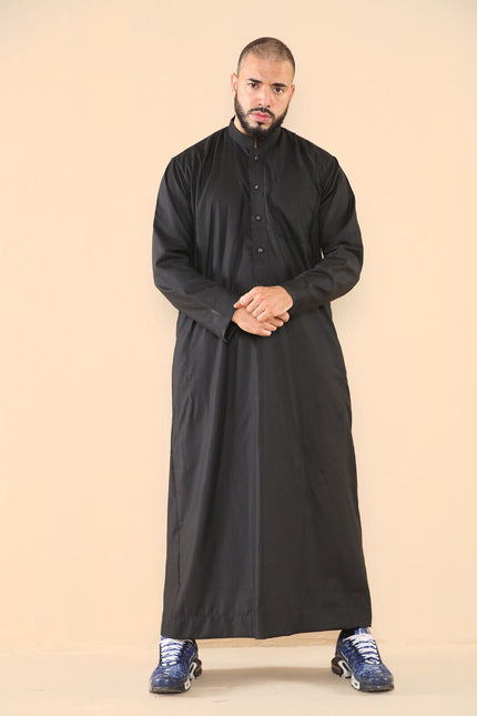 Mens Black Thobe Jubba Saudi Islamic Arabic Eid Cotton Kaftan Jubbah Umrah Robe