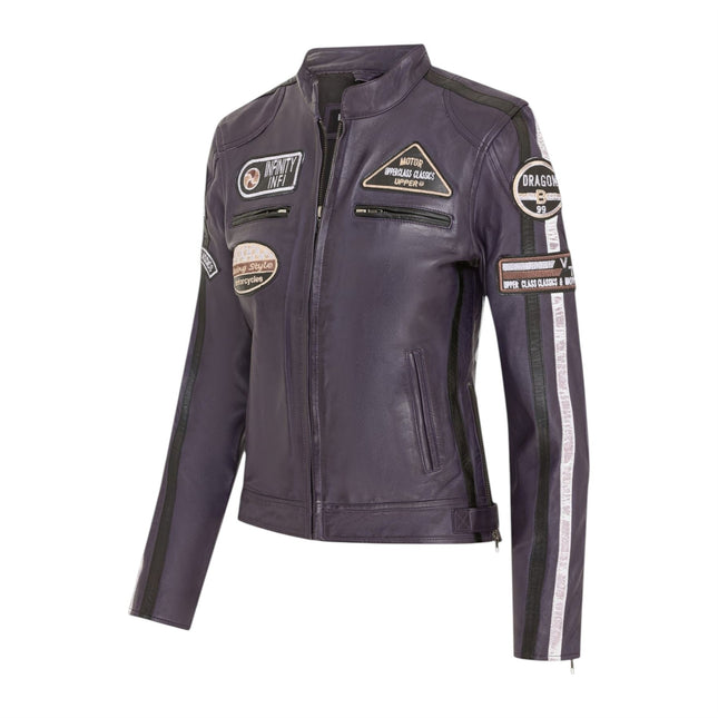 Womens Biker Racing Badges Purple Leather Jacket-Eastleigh