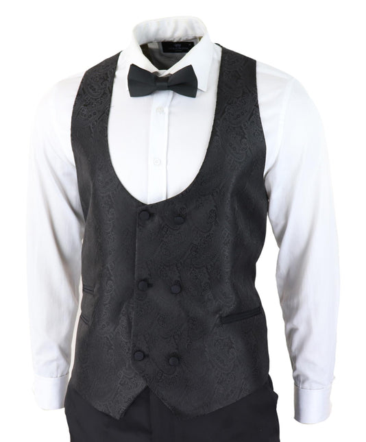 Mens Black Tuxedo Blazer Waistcoat Brocade Satin Paisley Formal Dinner Jacket