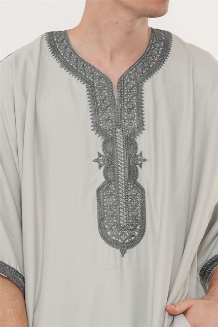 Men's Grey Charcoal Moroccan Thobe Robe Eid Djellaba Gandoura Jubba- HM65
