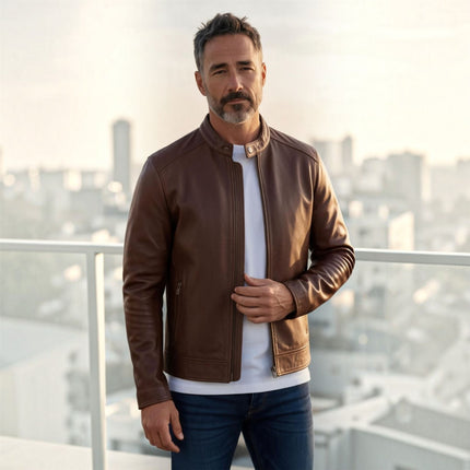 Mens Leather Brown Stand Collar Cafe Racer Biker Jacket - E184